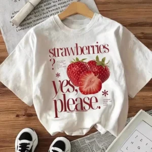 Camiseta retro de algodón puro con estampado de fresas.