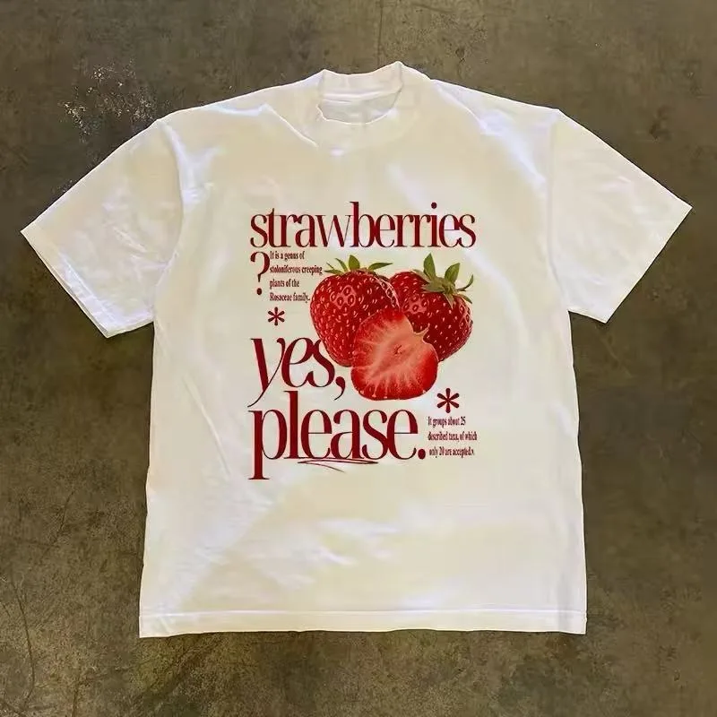 Camiseta retro de algodón puro con estampado de fresas. - Image 4